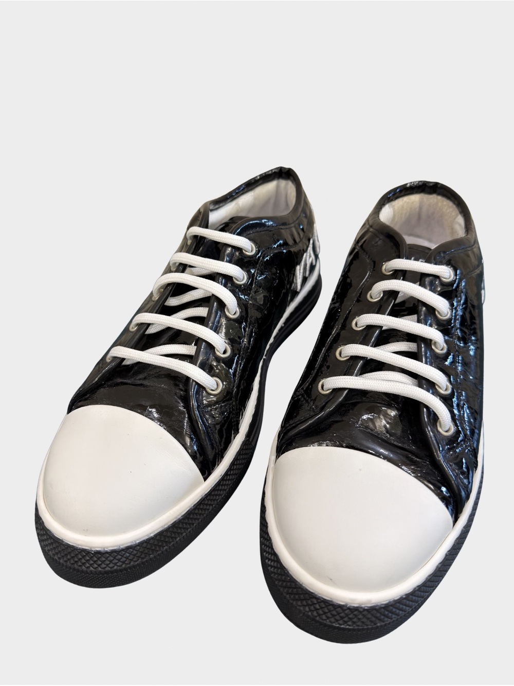 Valentino Black Patent Low-Top Sneakers with White Toe Caps Size 8.5